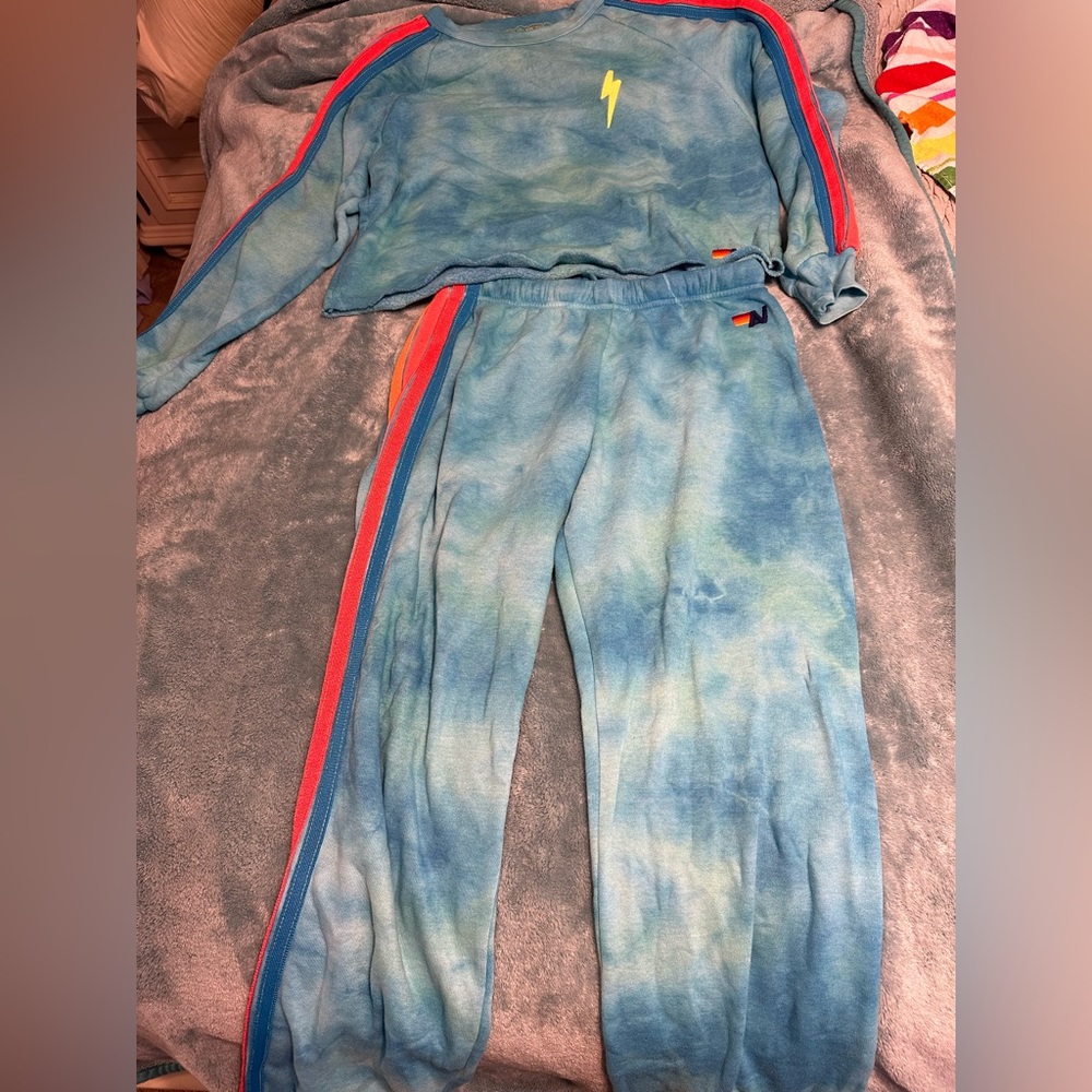 Aviator Nation Neon Lightning Bolt Tie Dye Blue Sweat Set Crop Sweatshirt